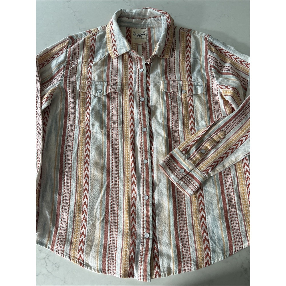 Cotton Rye Pearl Snap Button Long Sleeve Small Shirt Cowgirl Western Boho Aztec